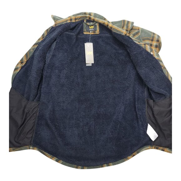 Lee Men XL Plaid Sherpa Lined Shirt Jacket Shacket Regular Fit Olive Green - Picture 2 of 14